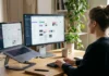 WordPress SEO for Business Sites in Thailand: The Settings That Matter Woman working at a laptop on a stand and a monitor showing a website dashboard on a wooden desk