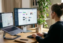WordPress SEO for Business Sites in Thailand: The Settings That Matter Woman working at a laptop on a stand and a monitor showing a website dashboard on a wooden desk