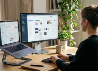 WordPress SEO for Business Sites in Thailand: The Settings That Matter Woman working at a laptop on a stand and a monitor showing a website dashboard on a wooden desk