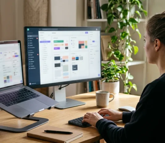 WordPress SEO for Business Sites in Thailand: The Settings That Matter Woman working at a laptop on a stand and a monitor showing a website dashboard on a wooden desk