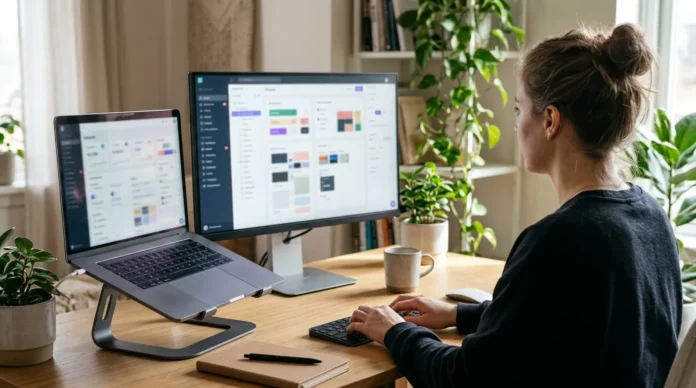 Woman working at a laptop on a stand and a monitor showing a website dashboard on a wooden desk